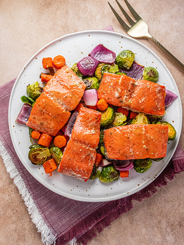 Maple Mustard Salmon Over Roasted Vegetables